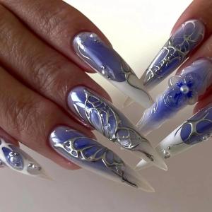 imageBABALAL Press on Nails Long Stiletto Fake Nails Blue Glue on Nails 3d Texture Sliver Butterfly Design Y2k Acrylic Nails 24Pcs Goth False Nails White French Ombre Manicure Almond Stick on NailsANS204