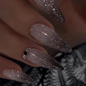 imageBABALAL Press on Nails Long Stiletto Fake Nails Blue Glue on Nails 3d Texture Sliver Butterfly Design Y2k Acrylic Nails 24Pcs Goth False Nails White French Ombre Manicure Almond Stick on NailsANS221