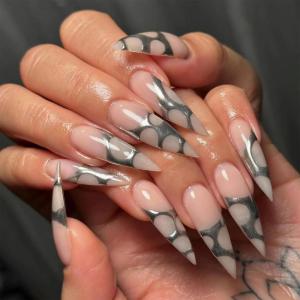 imageBABALAL Press on Nails Long Stiletto Fake Nails Blue Glue on Nails 3d Texture Sliver Butterfly Design Y2k Acrylic Nails 24Pcs Goth False Nails White French Ombre Manicure Almond Stick on NailsANS207