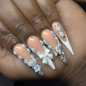 imageBABALAL Press on Nails Long Stiletto Fake Nails Blue Glue on Nails 3d Texture Sliver Butterfly Design Y2k Acrylic Nails 24Pcs Goth False Nails White French Ombre Manicure Almond Stick on NailsANS205