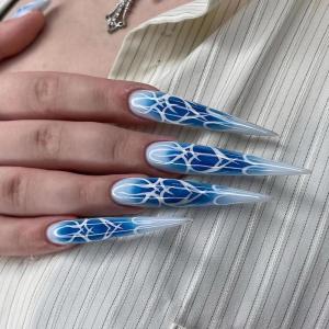 imageBABALAL Press on Nails Long Stiletto Fake Nails Blue Glue on Nails 3d Texture Sliver Butterfly Design Y2k Acrylic Nails 24Pcs Goth False Nails White French Ombre Manicure Almond Stick on NailsANS211