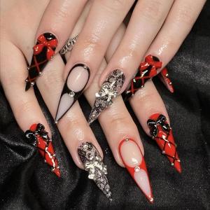 imageBABALAL Press on Nails Long Stiletto Fake Nails Blue Glue on Nails 3d Texture Sliver Butterfly Design Y2k Acrylic Nails 24Pcs Goth False Nails White French Ombre Manicure Almond Stick on NailsANS214goth