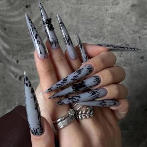 imageBABALAL Press on Nails Long Stiletto Fake Nails Blue Glue on Nails 3d Texture Sliver Butterfly Design Y2k Acrylic Nails 24Pcs Goth False Nails White French Ombre Manicure Almond Stick on NailsANS212