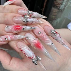 imageBABALAL Press on Nails Long Stiletto Fake Nails Blue Glue on Nails 3d Texture Sliver Butterfly Design Y2k Acrylic Nails 24Pcs Goth False Nails White French Ombre Manicure Almond Stick on NailsANS214