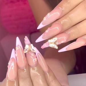 imageBABALAL Press on Nails Long Stiletto Fake Nails Blue Glue on Nails 3d Texture Sliver Butterfly Design Y2k Acrylic Nails 24Pcs Goth False Nails White French Ombre Manicure Almond Stick on NailsANS206