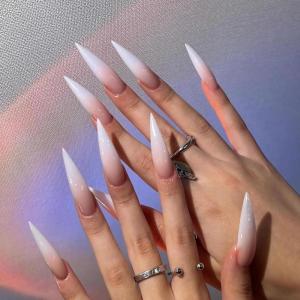 imageBABALAL Press on Nails Long Stiletto Fake Nails Blue Glue on Nails 3d Texture Sliver Butterfly Design Y2k Acrylic Nails 24Pcs Goth False Nails White French Ombre Manicure Almond Stick on NailsANS223