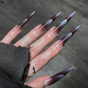 imageBABALAL Press on Nails Long Stiletto Fake Nails Blue Glue on Nails 3d Texture Sliver Butterfly Design Y2k Acrylic Nails 24Pcs Goth False Nails White French Ombre Manicure Almond Stick on NailsANS222