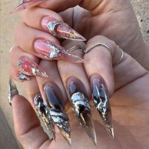 imageBABALAL Press on Nails Long Stiletto Fake Nails Blue Glue on Nails 3d Texture Sliver Butterfly Design Y2k Acrylic Nails 24Pcs Goth False Nails White French Ombre Manicure Almond Stick on NailsANS220