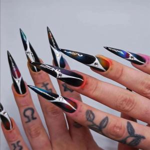 imageBABALAL Press on Nails Long Stiletto Fake Nails Blue Glue on Nails 3d Texture Sliver Butterfly Design Y2k Acrylic Nails 24Pcs Goth False Nails White French Ombre Manicure Almond Stick on NailsANS210