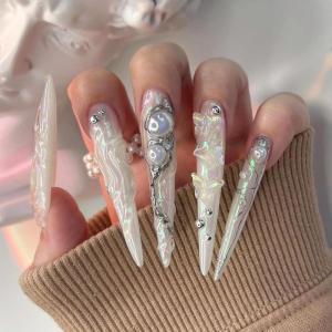 imageBABALAL Press on Nails Long Stiletto Fake Nails Blue Glue on Nails 3d Texture Sliver Butterfly Design Y2k Acrylic Nails 24Pcs Goth False Nails White French Ombre Manicure Almond Stick on NailsANS213