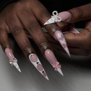imageBABALAL Press on Nails Long Stiletto Fake Nails Blue Glue on Nails 3d Texture Sliver Butterfly Design Y2k Acrylic Nails 24Pcs Goth False Nails White French Ombre Manicure Almond Stick on NailsANS224