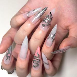 imageBABALAL Stiletto Press on Nails Long Fake Nails Black Red Glue on Nails Almond Acrylic Nails with Goth Design Stick on Nails for Women and Girls 24PcsNq215white