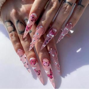 imageBABALAL Stiletto Press on Nails Long Fake Nails Black Red Glue on Nails Almond Acrylic Nails with Goth Design Stick on Nails for Women and Girls 24PcsNq225pink