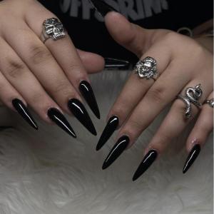 imageBABALAL Stiletto Press on Nails Long Fake Nails Black Red Glue on Nails Almond Acrylic Nails with Goth Design Stick on Nails for Women and Girls 24PcsNq227black