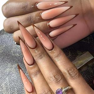 imageBABALAL Stiletto Press on Nails Long Fake Nails Black Red Glue on Nails Almond Acrylic Nails with Goth Design Stick on Nails for Women and Girls 24PcsNq204brown