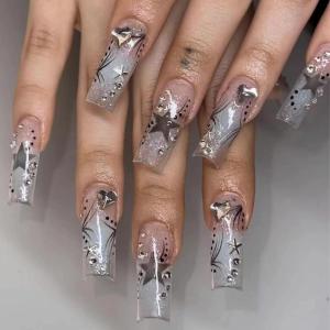 imageBABALAL Stiletto Press on Nails Long Fake Nails Black Red Glue on Nails Almond Acrylic Nails with Goth Design Stick on Nails for Women and Girls 24PcsNq202sliver