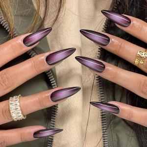 imageBABALAL Stiletto Press on Nails Long Fake Nails Black Red Glue on Nails Almond Acrylic Nails with Goth Design Stick on Nails for Women and Girls 24PcsNq218purple