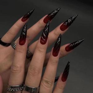 imageBABALAL Stiletto Press on Nails Long Fake Nails Black Red Glue on Nails Almond Acrylic Nails with Goth Design Stick on Nails for Women and Girls 24PcsNq208darkred