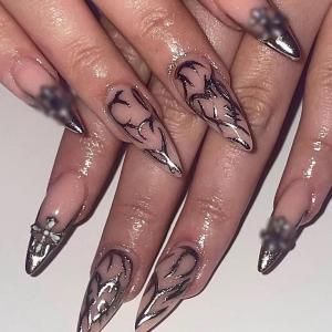 imageBABALAL Stiletto Press on Nails Long Fake Nails Black Red Glue on Nails Almond Acrylic Nails with Goth Design Stick on Nails for Women and Girls 24PcsNq203sliver
