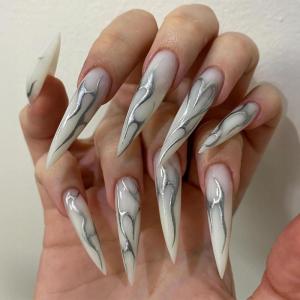 imageBABALAL Stiletto Press on Nails Long Fake Nails Black Red Glue on Nails Almond Acrylic Nails with Goth Design Stick on Nails for Women and Girls 24PcsNq217white