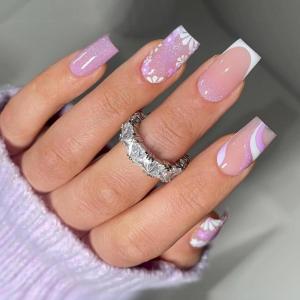imageBABALAL Beach Press on Nails Almond Medium Fake Nails Blue French Tip Glue on Nails 3D Texture Design Bling Acrylic Nails 24Pcs Handmade Manicure Stick on False NailsANJ01