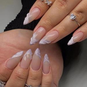 imageBABALAL Beach Press on Nails Almond Medium Fake Nails Blue French Tip Glue on Nails 3D Texture Design Bling Acrylic Nails 24Pcs Handmade Manicure Stick on False NailsANJ084