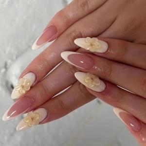 imageBABALAL Beach Press on Nails Almond Medium Fake Nails Blue French Tip Glue on Nails 3D Texture Design Bling Acrylic Nails 24Pcs Handmade Manicure Stick on False NailsANJ081