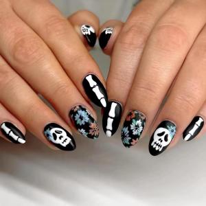 imageBABALAL Beach Press on Nails Almond Medium Fake Nails Blue French Tip Glue on Nails 3D Texture Design Bling Acrylic Nails 24Pcs Handmade Manicure Stick on False NailsANJ19black