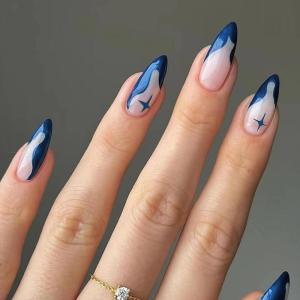 imageBABALAL Beach Press on Nails Almond Medium Fake Nails Blue French Tip Glue on Nails 3D Texture Design Bling Acrylic Nails 24Pcs Handmade Manicure Stick on False NailsANJ15