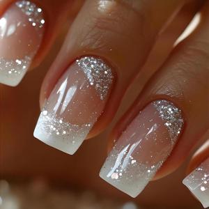 imageBABALAL Beach Press on Nails Almond Medium Fake Nails Blue French Tip Glue on Nails 3D Texture Design Bling Acrylic Nails 24Pcs Handmade Manicure Stick on False NailsANJ04