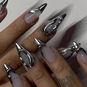 imageBABALAL Beach Press on Nails Almond Medium Fake Nails Blue French Tip Glue on Nails 3D Texture Design Bling Acrylic Nails 24Pcs Handmade Manicure Stick on False NailsANJ083