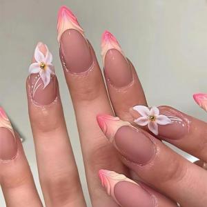 imageBABALAL Beach Press on Nails Almond Medium Fake Nails Blue French Tip Glue on Nails 3D Texture Design Bling Acrylic Nails 24Pcs Handmade Manicure Stick on False NailsANJ085