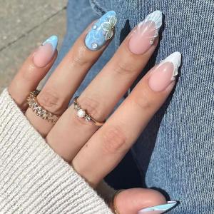 imageBABALAL Beach Press on Nails Almond Medium Fake Nails Blue French Tip Glue on Nails 3D Texture Design Bling Acrylic Nails 24Pcs Handmade Manicure Stick on False NailsANJ18blue