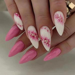 imageBABALAL Beach Press on Nails Almond Medium Fake Nails Blue French Tip Glue on Nails 3D Texture Design Bling Acrylic Nails 24Pcs Handmade Manicure Stick on False NailsANJ03