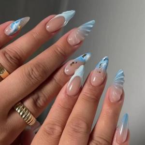 imageBABALAL Beach Press on Nails Almond Medium Fake Nails Blue French Tip Glue on Nails 3D Texture Design Bling Acrylic Nails 24Pcs Handmade Manicure Stick on False NailsANJ12