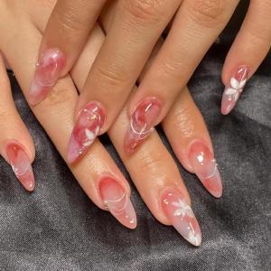imageBABALAL Beach Press on Nails Almond Medium Fake Nails Blue French Tip Glue on Nails 3D Texture Design Bling Acrylic Nails 24Pcs Handmade Manicure Stick on False NailsANJ082