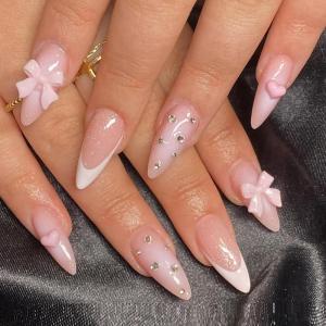 imageBABALAL Beach Press on Nails Almond Medium Fake Nails Blue French Tip Glue on Nails 3D Texture Design Bling Acrylic Nails 24Pcs Handmade Manicure Stick on False NailsANJ02