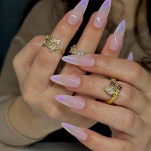 imageBABALAL Beach Press on Nails Almond Medium Fake Nails Blue French Tip Glue on Nails 3D Texture Design Bling Acrylic Nails 24Pcs Handmade Manicure Stick on False NailsANJ14