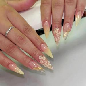 imageBABALAL Beach Press on Nails Almond Medium Fake Nails Blue French Tip Glue on Nails 3D Texture Design Bling Acrylic Nails 24Pcs Handmade Manicure Stick on False NailsANJ11