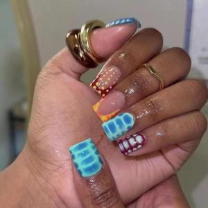 imageBABALAL Beach Press on Nails Almond Medium Fake Nails Blue French Tip Glue on Nails 3D Texture Design Bling Acrylic Nails 24Pcs Handmade Manicure Stick on False NailsANJ07
