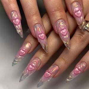 imageBABALAL Blue Press on Nails Medium Almond Fake Nails Aurora Heart Glue on Nails 3d Wave Design Acrylic Nails 24Pcs Bling Stiletto Full Cover False NailsANa202