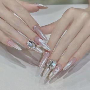 imageBABALAL Blue Press on Nails Medium Almond Fake Nails Aurora Heart Glue on Nails 3d Wave Design Acrylic Nails 24Pcs Bling Stiletto Full Cover False NailsANa210