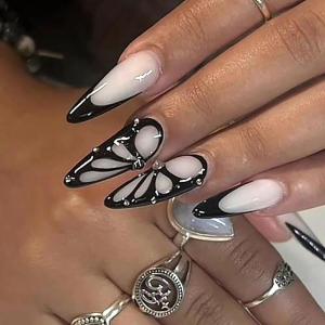 imageBABALAL Blue Press on Nails Medium Almond Fake Nails Aurora Heart Glue on Nails 3d Wave Design Acrylic Nails 24Pcs Bling Stiletto Full Cover False NailsANa211