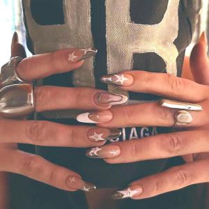 imageBABALAL Blue Press on Nails Medium Almond Fake Nails Aurora Heart Glue on Nails 3d Wave Design Acrylic Nails 24Pcs Bling Stiletto Full Cover False NailsANa201