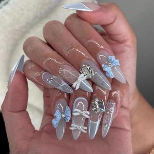 imageBABALAL Blue Press on Nails Medium Almond Fake Nails Aurora Heart Glue on Nails 3d Wave Design Acrylic Nails 24Pcs Bling Stiletto Full Cover False NailsANa203