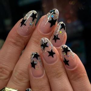 imageBABALAL Blue Press on Nails Medium Almond Fake Nails Aurora Heart Glue on Nails 3d Wave Design Acrylic Nails 24Pcs Bling Stiletto Full Cover False NailsANa208