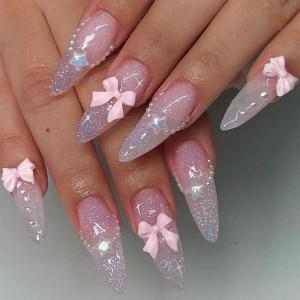 imageBABALAL Blue Press on Nails Medium Almond Fake Nails Aurora Heart Glue on Nails 3d Wave Design Acrylic Nails 24Pcs Bling Stiletto Full Cover False NailsANa205