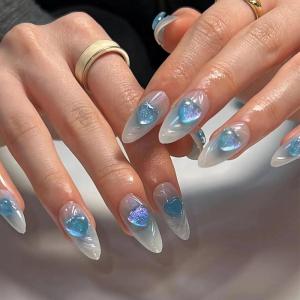 imageBABALAL Blue Press on Nails Medium Almond Fake Nails Aurora Heart Glue on Nails 3d Wave Design Acrylic Nails 24Pcs Bling Stiletto Full Cover False NailsANa206