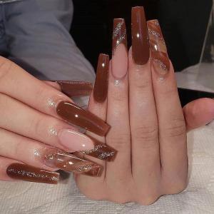 imageBABALAL Coffin Press on Nails Long French Fake Nails with Nail Glue Blue Glossy Glue on Nails 24pcs Ballerina Acrylic Nails Blue False NailsO04