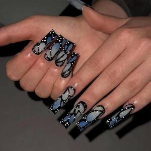 imageBABALAL Coffin Press on Nails Long French Fake Nails with Nail Glue Blue Glossy Glue on Nails 24pcs Ballerina Acrylic Nails Blue False NailsO05black